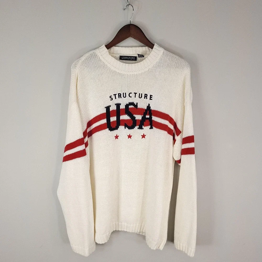 Structure Sweater Mens XL White Red USA Crewneck Knit Patriotic Pullover Y2K